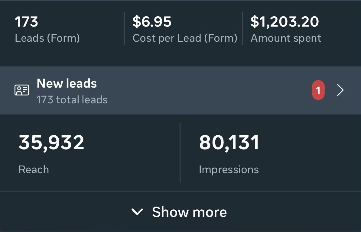 Ads Manager screenshot from my detailing business: 173 leads, $6.95 a lead, $1,203.20 spent
